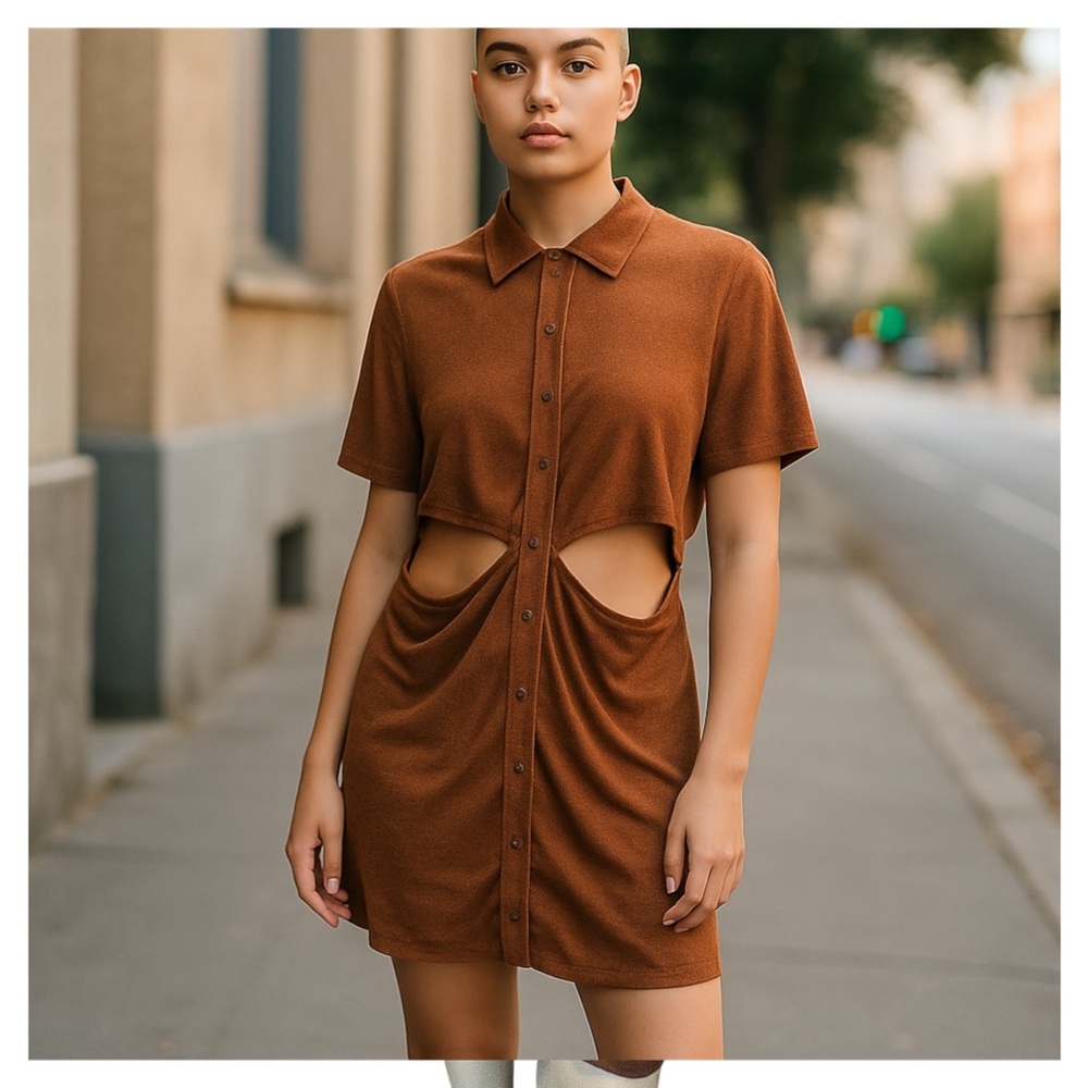 NWT Rue21: Rust Cut-Out Button-Up Dress - Picture 2 of 16